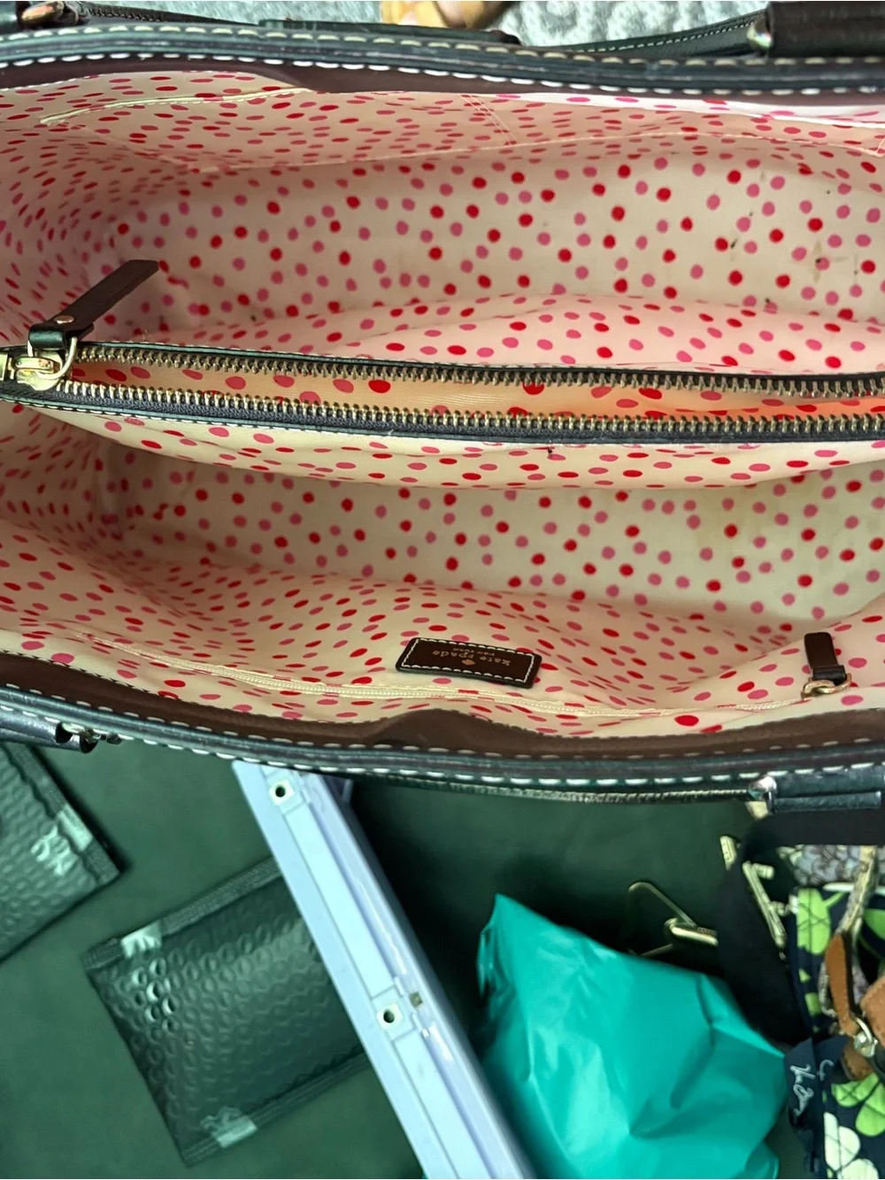 kate spade Black Shoulder Tote with Pink Polka Dot Lining